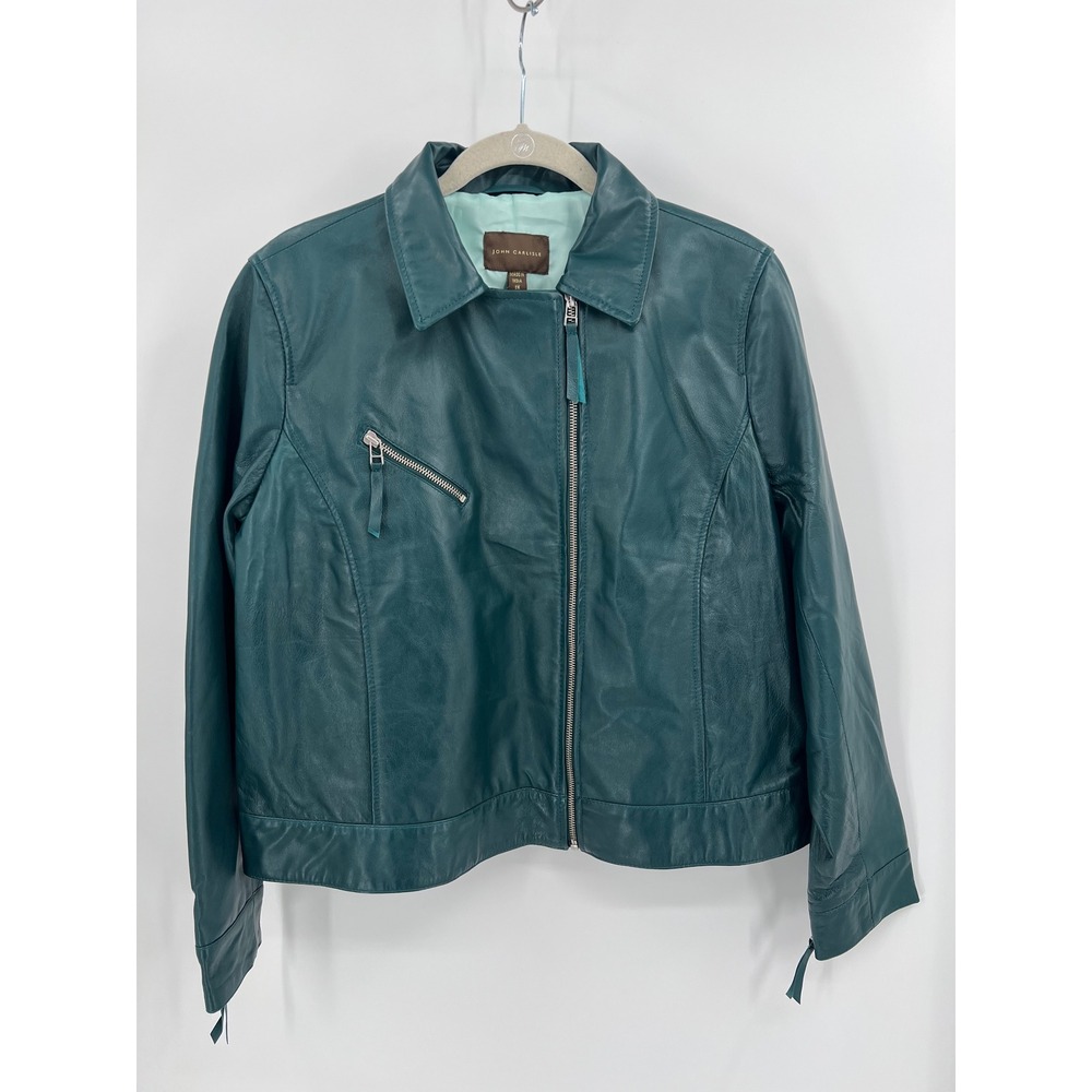 John Carlisle Teal Blue Leather Moto‎ Jacket Womens 1X Asymmetrical Zip Lined
